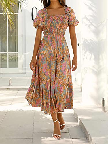 ZESICA Women's 2024 Summer Boho Floral Print Square Neck Ruffle Swing Beach Long Maxi Dress,GreyGreen,Medium