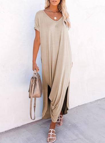 Dokotoo Womens Spring Summer Boho Hawaiian Vacation Outfits Fashion Long Dress T-Shirt Dress Short Sleeve Casual Loose Plain Maxi Beach Dresses Resort Wear Sundress with Pockets Parchment Small