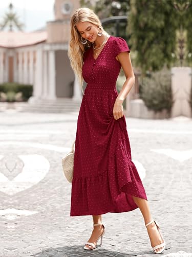 PRETTYGARDEN Womens Summer Boho Maxi Dress Short Sleeve Swiss Dot Flowy Long Dress V Neck Smocked Waist Beach Party Sun Dress(Red,X-Large)