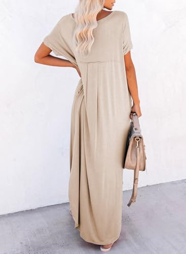 Dokotoo Womens Spring Summer Boho Hawaiian Vacation Outfits Fashion Long Dress T-Shirt Dress Short Sleeve Casual Loose Plain Maxi Beach Dresses Resort Wear Sundress with Pockets Parchment Small