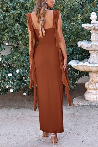 PRETTYGARDEN Women's Summer Long Formal Wedding Guest Dress Sleeveless Ruffle Cocktail Party Maxi Bodycon Dresses (Caramel,Medium)