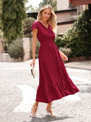 PRETTYGARDEN Womens Summer Boho Maxi Dress Short Sleeve Swiss Dot Flowy Long Dress V Neck Smocked Waist Beach Party Sun Dress(Red,X-Large)