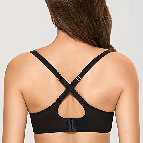 DOBREVA Women's Balconette Push Up Bra Sexy Lace Plus Size Unlined Sheer Underwire Black 34B