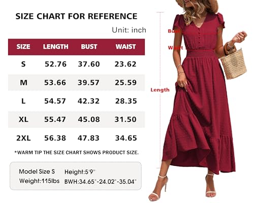 PRETTYGARDEN Womens Summer Boho Maxi Dress Short Sleeve Swiss Dot Flowy Long Dress V Neck Smocked Waist Beach Party Sun Dress(Red,X-Large)