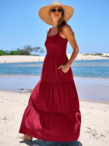 ANRABESS Summer Maxi Dresses for Women 2024 Casual Long Beach Vacation Dress Flowy Sleeveless Square Neck Tiered A Line Smocked Sun Dresses with Pockets