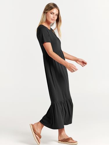 ANRABESS Women Summer Casual Short Sleeve Crewneck Aline Swing Flowy Tiered Shirt Maxi Beach Long Dress 2024 Trendy Outfits Black Medium