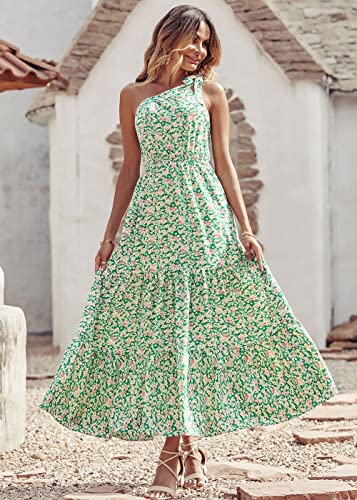 PRETTYGARDEN Women's Floral Maxi Dress 2024 Knot One Shoulder Sleeveless Ruffle Hem Flowy Boho Dresses(Green White,Large)