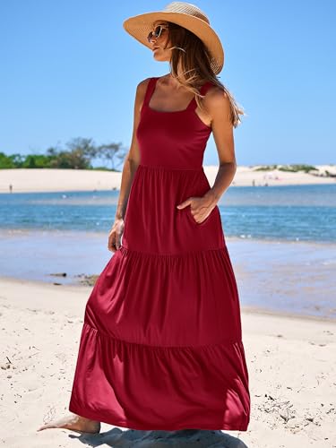 ANRABESS Summer Maxi Dresses for Women 2024 Casual Long Beach Vacation Dress Flowy Sleeveless Square Neck Tiered A Line Smocked Sun Dresses with Pockets