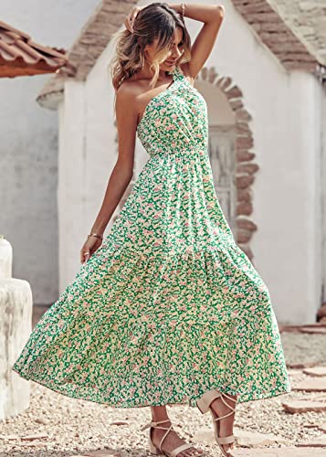PRETTYGARDEN Women's Floral Maxi Dress 2024 Knot One Shoulder Sleeveless Ruffle Hem Flowy Boho Dresses(Green White,Large)