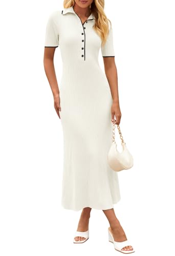 MEROKEETY Women's Polo V Neck Color Block Long Dress Elegant Stretch Fitted Pullover Maxi Dress, Beige, Large