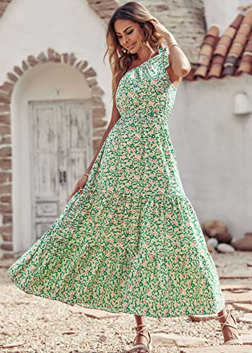 PRETTYGARDEN Women's Floral Maxi Dress 2024 Knot One Shoulder Sleeveless Ruffle Hem Flowy Boho Dresses(Green White,Large)