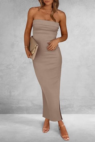 PRETTYGARDEN Women's Summer Bodycon Maxi Tube Dress Ribbed Strapless Side Slit Long Going Out Casual Elegant Party Dresses (Khaki,Small)