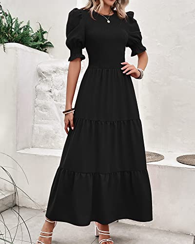 BTFBM Women Casual Summer Dresses 2024 Spring Crew Neck Ruffle Short Sleeve Floral Print Smocked Boho Flowy Maxi Dress(Solid Black, Large)