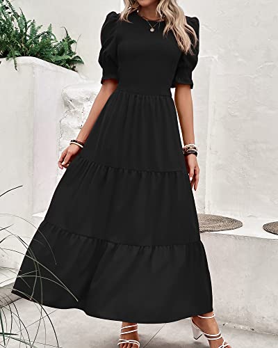 BTFBM Women Casual Summer Dresses 2024 Spring Crew Neck Ruffle Short Sleeve Floral Print Smocked Boho Flowy Maxi Dress(Solid Black, Large)