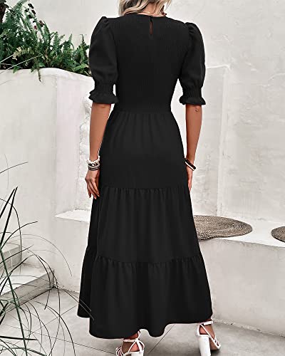 BTFBM Women Casual Summer Dresses 2024 Spring Crew Neck Ruffle Short Sleeve Floral Print Smocked Boho Flowy Maxi Dress(Solid Black, Large)