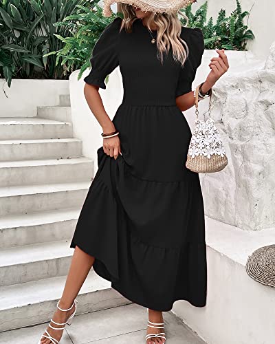 BTFBM Women Casual Summer Dresses 2024 Spring Crew Neck Ruffle Short Sleeve Floral Print Smocked Boho Flowy Maxi Dress(Solid Black, Large)