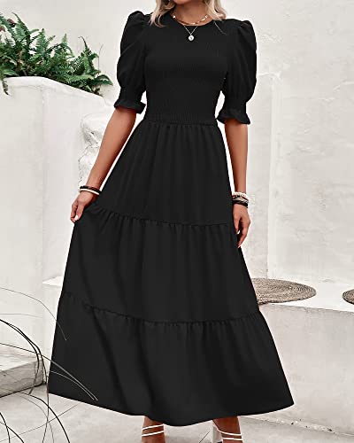BTFBM Women Casual Summer Dresses 2024 Spring Crew Neck Ruffle Short Sleeve Floral Print Smocked Boho Flowy Maxi Dress(Solid Black, Large)