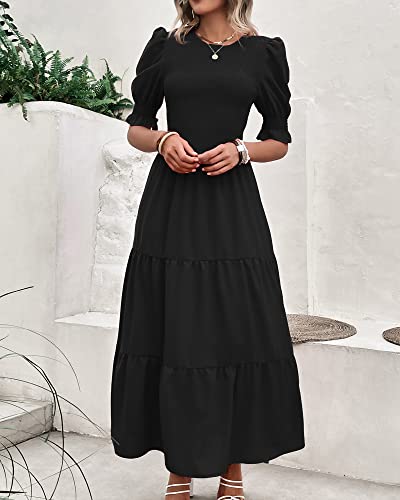 BTFBM Women Casual Summer Dresses 2024 Spring Crew Neck Ruffle Short Sleeve Floral Print Smocked Boho Flowy Maxi Dress(Solid Black, Large)