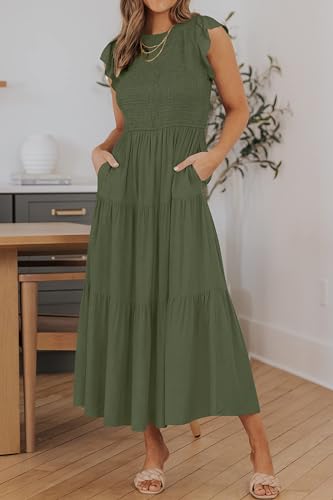 ZESICA Women's 2024 Summer Casual Flutter Short Sleeve Crew Neck Smocked Elastic Waist Tiered Midi Dress,Army Green,Large