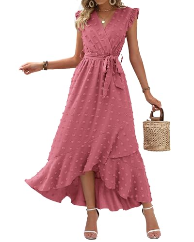 BTFBM Women's Summer Ruffle Sleeve V Neck Ruffle Maxi Dress Casual Tie Waist Boho Chiffon Flowy Long Valentines Dresses(Swiss Dot Pink, Small)