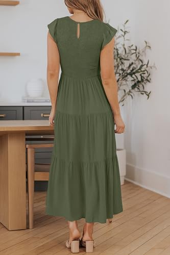 ZESICA Women's 2024 Summer Casual Flutter Short Sleeve Crew Neck Smocked Elastic Waist Tiered Midi Dress,Army Green,Large