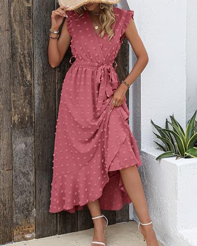 BTFBM Women's Summer Ruffle Sleeve V Neck Ruffle Maxi Dress Casual Tie Waist Boho Chiffon Flowy Long Valentines Dresses(Swiss Dot Pink, Small)