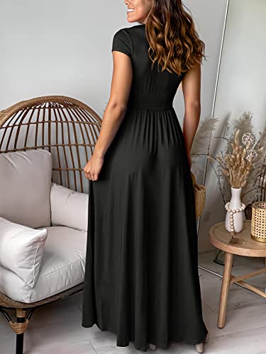 ANRABESS Women Summer Deep V Neck Short Sleeve Slit 2024 Elegant Formal Wedding Guest Cocktail Evening Date Maxi Long Dress Black Large