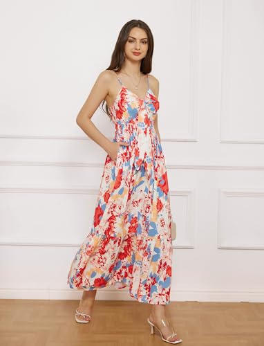 GRACE KARIN Women's 2024 Summer Casual Boho Floral Print Spaghetti Strap V Neck Ruffle Swing Beach Long Maxi Dress