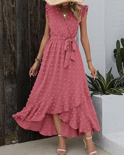 BTFBM Women's Summer Ruffle Sleeve V Neck Ruffle Maxi Dress Casual Tie Waist Boho Chiffon Flowy Long Valentines Dresses(Swiss Dot Pink, Small)