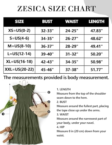 ZESICA Women's 2024 Summer Casual Flutter Short Sleeve Crew Neck Smocked Elastic Waist Tiered Midi Dress,Army Green,Large
