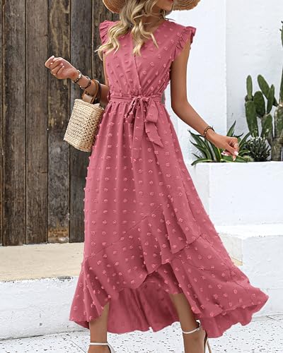 BTFBM Women's Summer Ruffle Sleeve V Neck Ruffle Maxi Dress Casual Tie Waist Boho Chiffon Flowy Long Valentines Dresses(Swiss Dot Pink, Small)