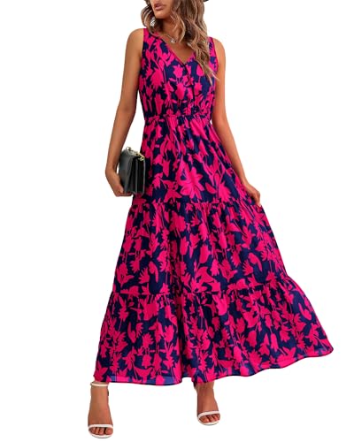 BTFBM Women Summer Dresses 2024 Sleeveless V Neck Maxi Dress Boho Long Dress High Waisted A-Line Ruffle Floral Dress(Navy Rose Red Flower,X-Large)
