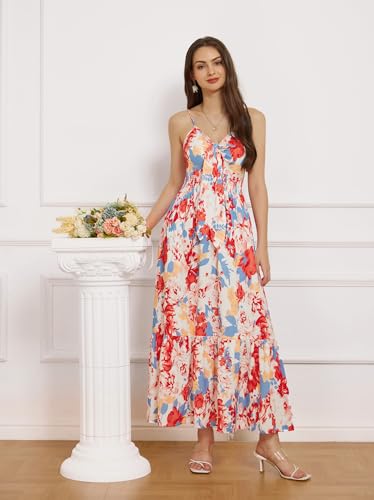 GRACE KARIN Women's 2024 Summer Casual Boho Floral Print Spaghetti Strap V Neck Ruffle Swing Beach Long Maxi Dress