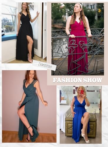 Dokotoo Womens Ladies Elegant Floor Length A Line Wrap Deep V Neck Backless Ruched Pleated Ruffled Split Long Maxi Formal Evening Party Prom Dress Bridesmaid Wedding Guest Dresses Black M