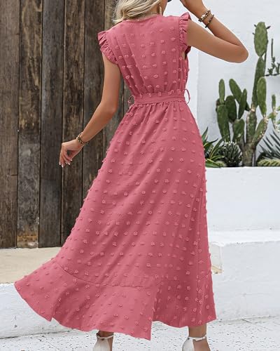 BTFBM Women's Summer Ruffle Sleeve V Neck Ruffle Maxi Dress Casual Tie Waist Boho Chiffon Flowy Long Valentines Dresses(Swiss Dot Pink, Small)