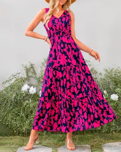 BTFBM Women Summer Dresses 2024 Sleeveless V Neck Maxi Dress Boho Long Dress High Waisted A-Line Ruffle Floral Dress(Navy Rose Red Flower,X-Large)