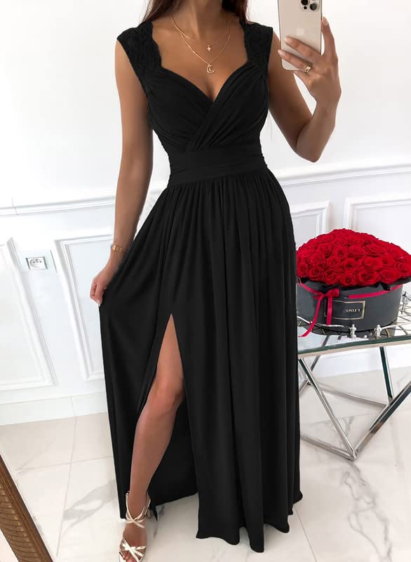 Dokotoo Womens Ladies Elegant Floor Length A Line Wrap Deep V Neck Backless Ruched Pleated Ruffled Split Long Maxi Formal Evening Party Prom Dress Bridesmaid Wedding Guest Dresses Black M