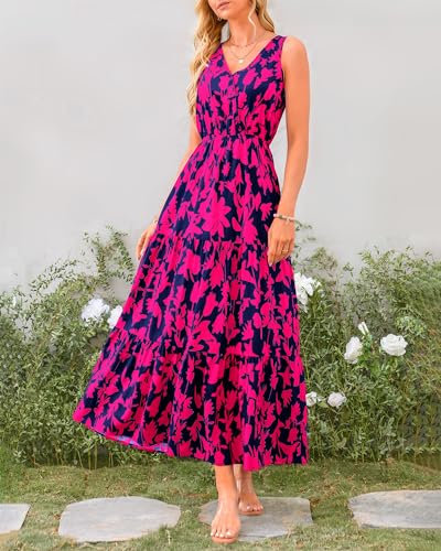 BTFBM Women Summer Dresses 2024 Sleeveless V Neck Maxi Dress Boho Long Dress High Waisted A-Line Ruffle Floral Dress(Navy Rose Red Flower,X-Large)