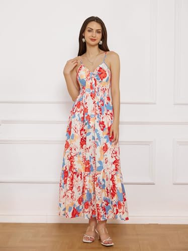 GRACE KARIN Women's 2024 Summer Casual Boho Floral Print Spaghetti Strap V Neck Ruffle Swing Beach Long Maxi Dress
