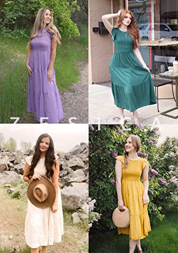 ZESICA Women's 2024 Summer Casual Flutter Short Sleeve Crew Neck Smocked Elastic Waist Tiered Midi Dress,Army Green,Large