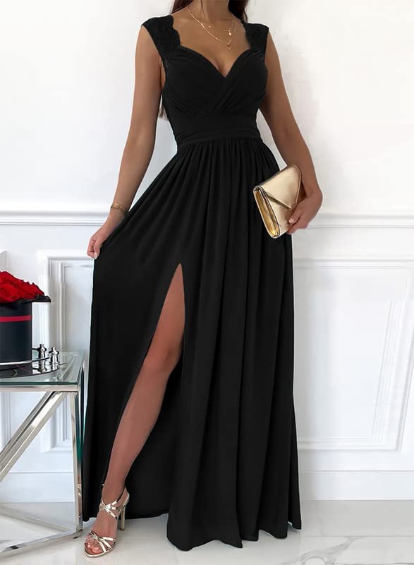 Dokotoo Womens Ladies Elegant Floor Length A Line Wrap Deep V Neck Backless Ruched Pleated Ruffled Split Long Maxi Formal Evening Party Prom Dress Bridesmaid Wedding Guest Dresses Black M