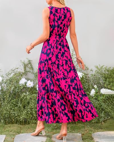 BTFBM Women Summer Dresses 2024 Sleeveless V Neck Maxi Dress Boho Long Dress High Waisted A-Line Ruffle Floral Dress(Navy Rose Red Flower,X-Large)