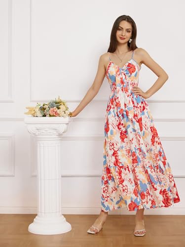 GRACE KARIN Women's 2024 Summer Casual Boho Floral Print Spaghetti Strap V Neck Ruffle Swing Beach Long Maxi Dress