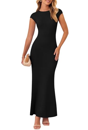 MEROKEETY Women's Cap Sleeve Rib Knit Maxi Dress Crew Neck Slim Fit Bodycon Summer Sweater Dresses, Black, M