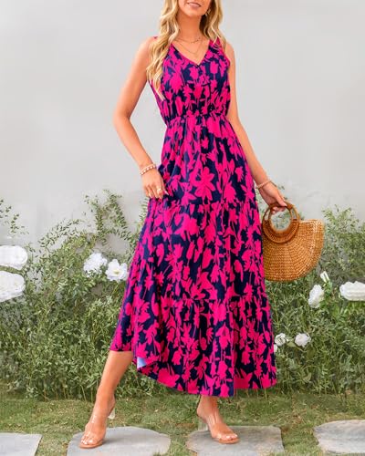 BTFBM Women Summer Dresses 2024 Sleeveless V Neck Maxi Dress Boho Long Dress High Waisted A-Line Ruffle Floral Dress(Navy Rose Red Flower,X-Large)