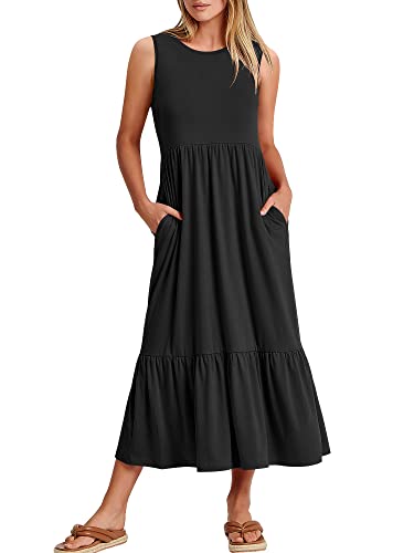 ANRABESS Women Summer Casual Sleeveless Crewneck Sundress Aline Flowy Tiered Maxi Long Beach Dress Vacation Outfits Large Black