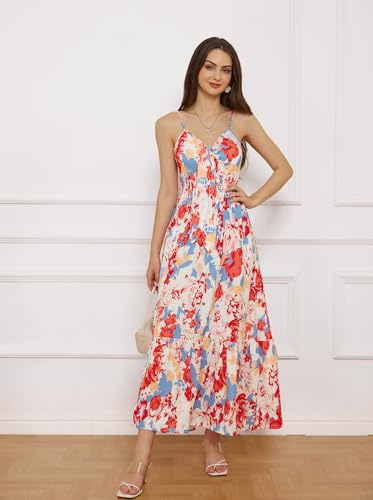GRACE KARIN Women's 2024 Summer Casual Boho Floral Print Spaghetti Strap V Neck Ruffle Swing Beach Long Maxi Dress