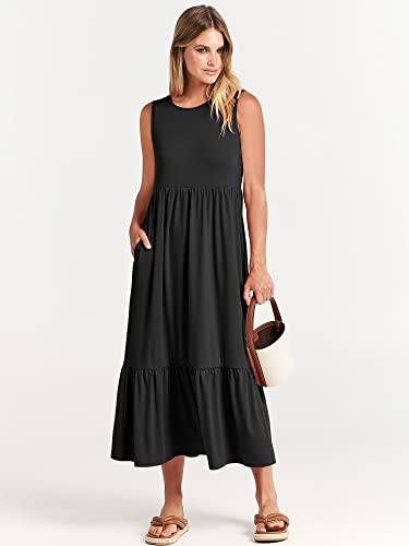 ANRABESS Women Summer Casual Sleeveless Crewneck Sundress Aline Flowy Tiered Maxi Long Beach Dress Vacation Outfits Large Black