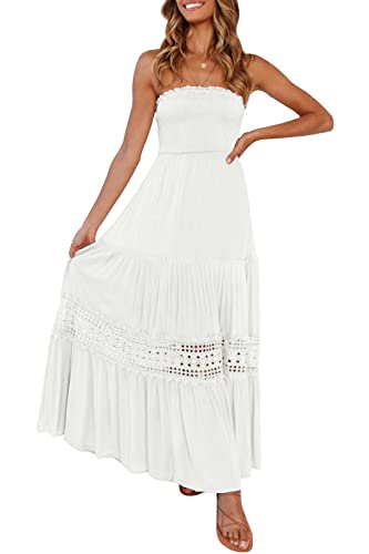 ZESICA Women's 2024 Summer Bohemian Strapless Off Shoulder Lace Trim Backless Flowy A Line Beach Long Maxi Dress,White,X-Small