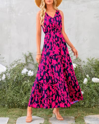 BTFBM Women Summer Dresses 2024 Sleeveless V Neck Maxi Dress Boho Long Dress High Waisted A-Line Ruffle Floral Dress(Navy Rose Red Flower,X-Large)